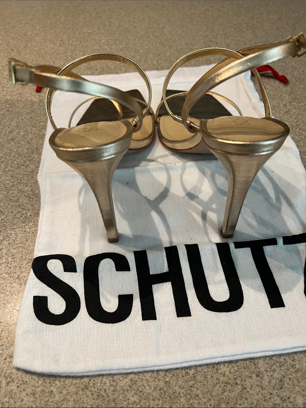 ❤️SCHUTZ PLATINA Gold Metallic Strappy Square-Toe Stiletto Heels - Picture 7 of 10